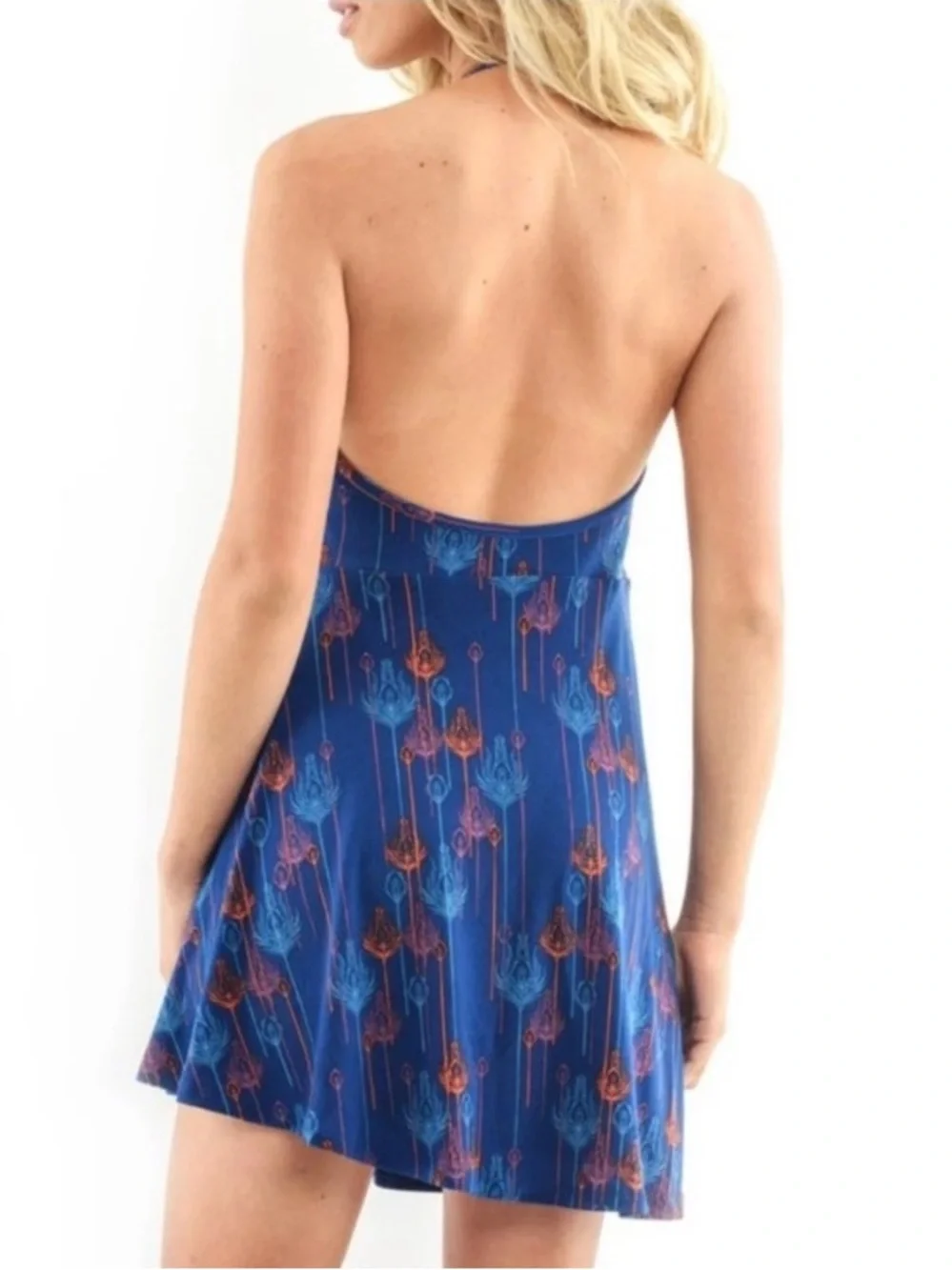 Free People Halter Mini Blue Orange Peacock dress Size M Open Back Asymmetrical